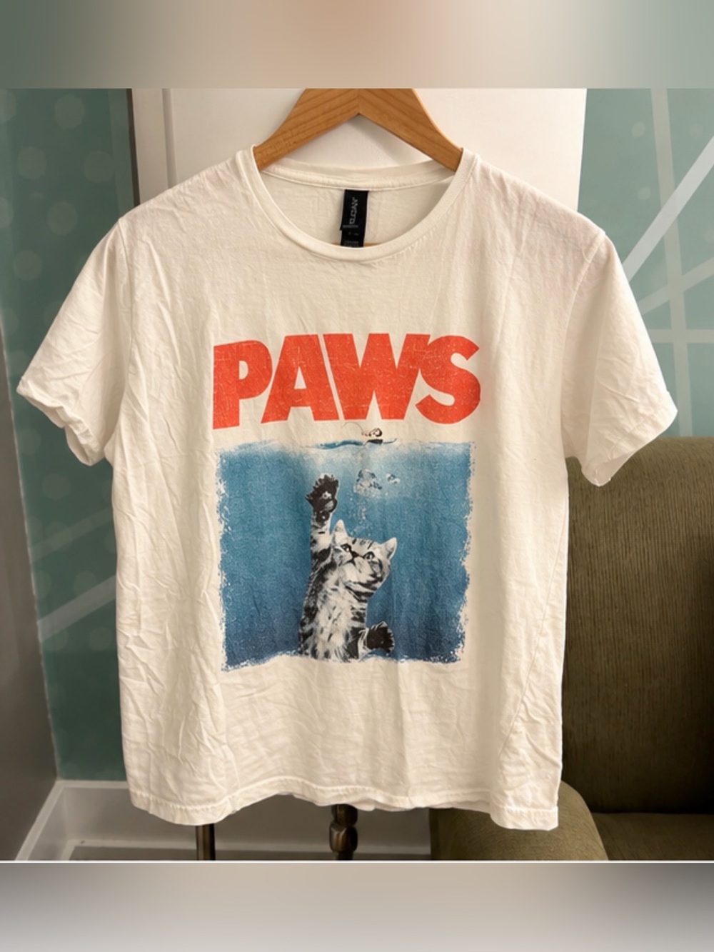 PAWS Cat Graphic T-Shirt - White with Red & Blue Print XL